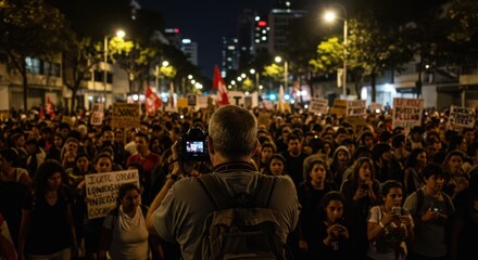 Photographing Crowd at Protest March During Night Gathering in City