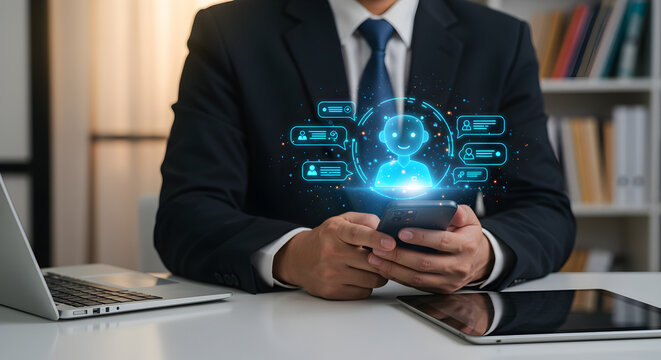 Businessman Holding Glowing Smartphone Displaying Digital Networking in Bright Office - Powered by Adobe