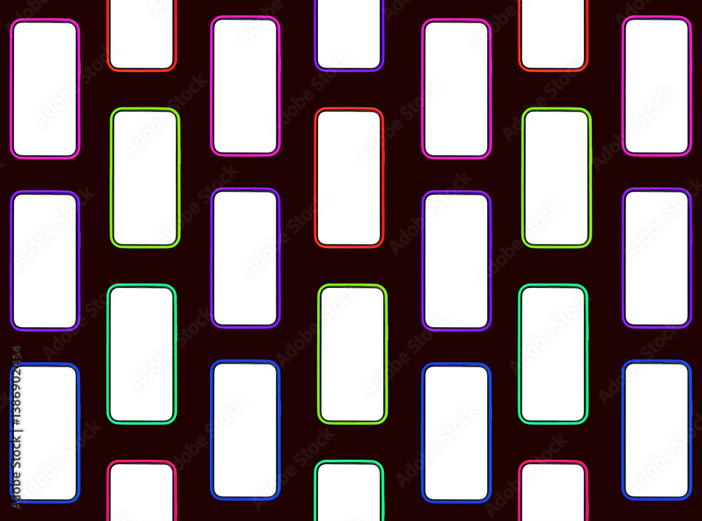Poster Phone mockup with multiple smartphones arranged in a repeating pattern, displaying clean, blank screens. A colorful, creative design with black and white tones, perfect for advertising and promotions