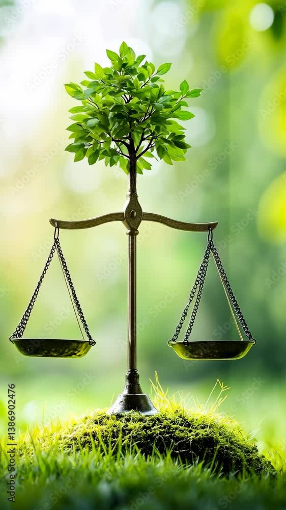 Poster balancing nature and justice with a tree growing from a scale in a serene green setting