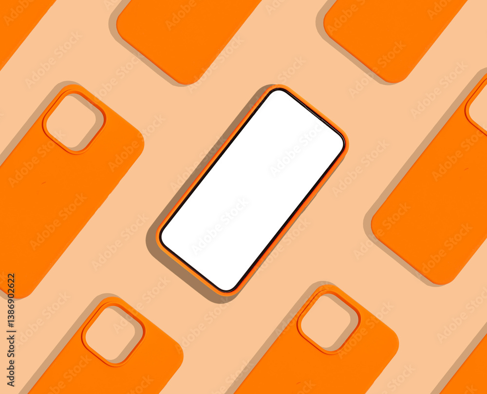 Poster Phone mockup with smartphones arranged in a repeating pattern, displaying clean, empty frames. A bright, minimal design with a sunny, orange background, emphasizing modern technology and summer vibes.