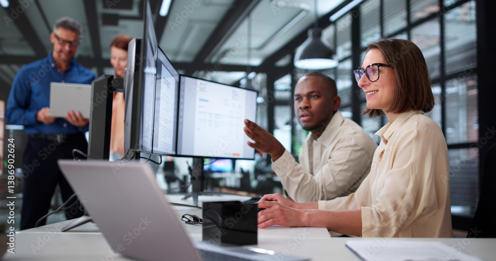 Poster multiracial team of accountants using digital electronic invoice
