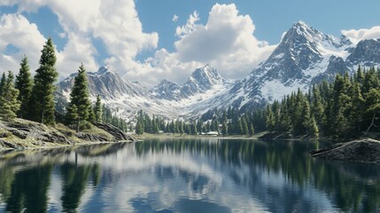 Fototapeta premium Serene Mountain Lake Reflection: A Breathtaking Alpine Vista