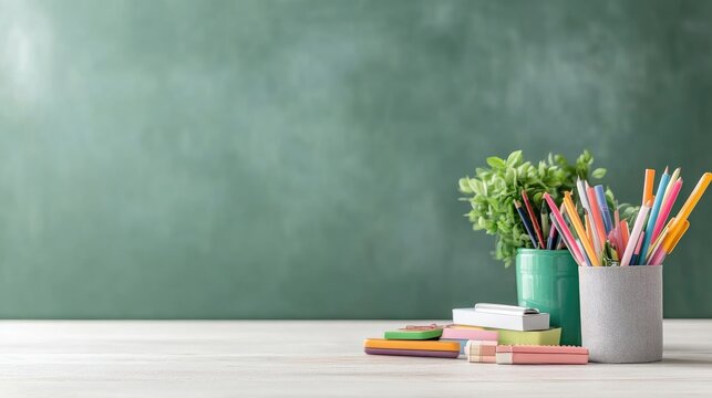 School supplies on a desk in front of a chalkboard
