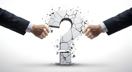 Arms Reach for a Shattered Question Mark on White Background Business Challenge
