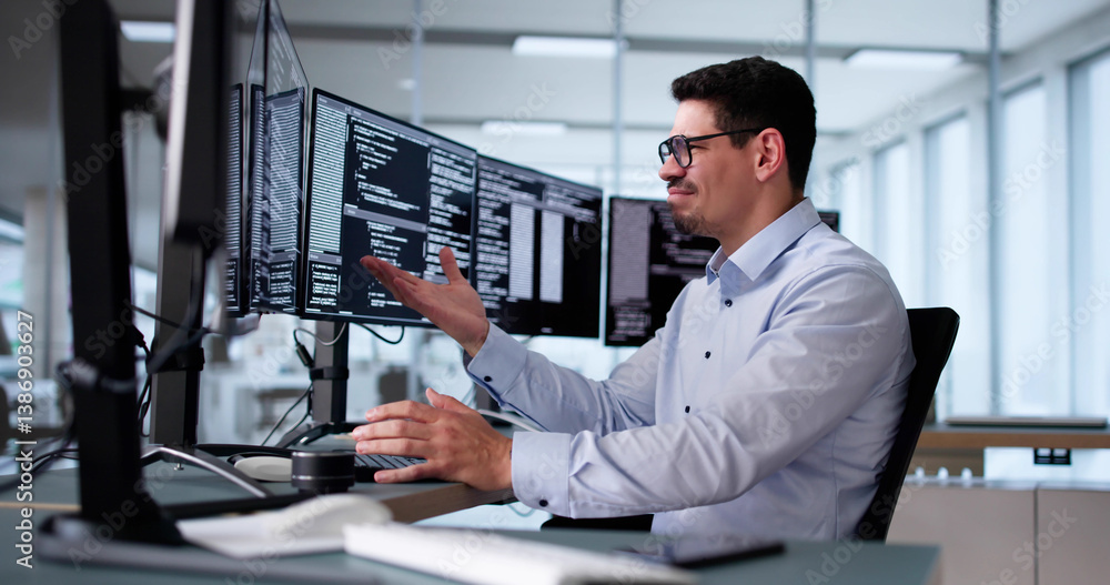Poster Unhappy Sad Developer Programmer Man In Stress Coding Software