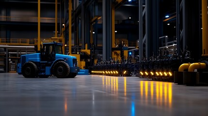 Blue Tractor in Modern Factory