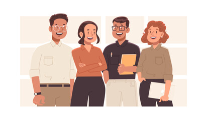 Portrait of cheerful business team. Friendly employees on isolated background. Vector illustration