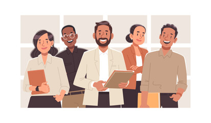 Portrait of business team led by leader. Business men and women, company employees. Vector illustration