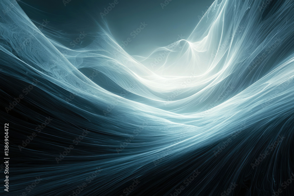 Poster abstract fractal art depicting ethereal, flowing waves of light and shadow in a serene landscape.
