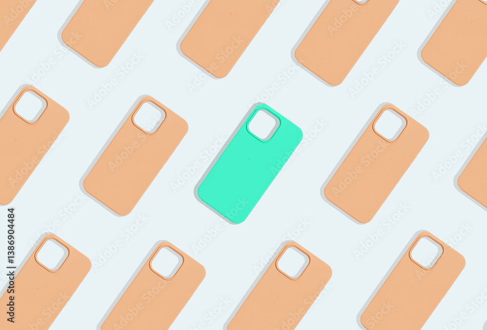 Poster unique phone case design among many other. flatlay showcasing individual, standout mobile protectors