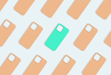 Unique phone case design among many other. Flatlay showcasing individual, standout mobile protectors. smartphone protection with a notable, smart accessory..