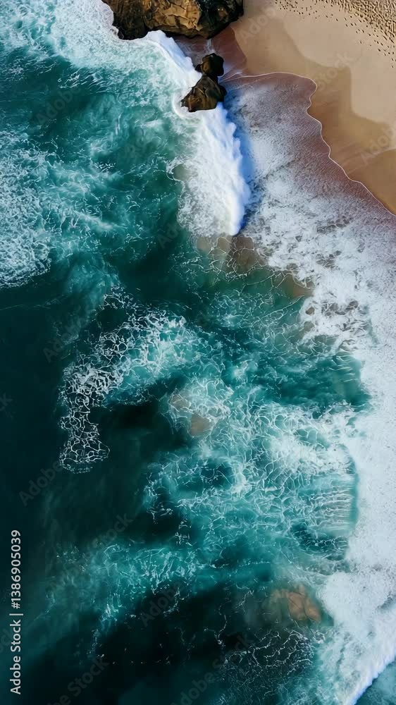 Poster waves crashing on sandy beach creating a dynamic shoreline view during sunny weather in coastal regi