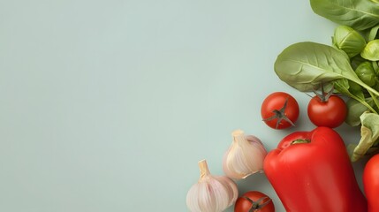 Fresh red bell pepper garlic cherry tomatoes and spinach leaves arranged on a light teal background offe copy space for text or recipe.