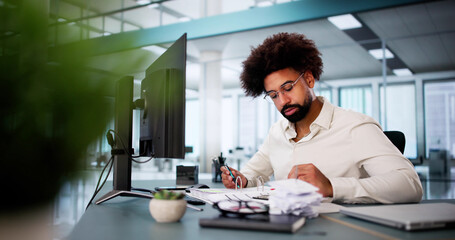 Happy African American Accountant Prepares Tax Invoices