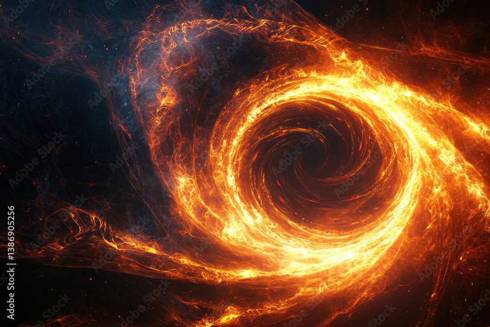 Poster fiery cosmic swirl, a mesmerizing vortex of intense energy and swirling flames in deep space.