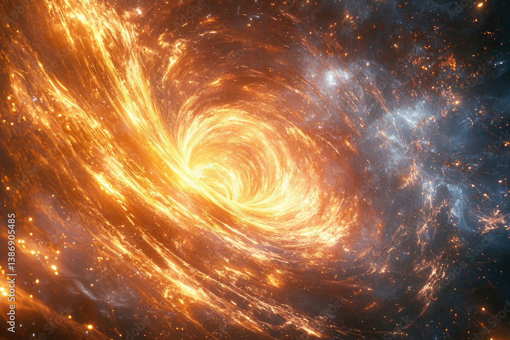 Poster fiery cosmic swirl, a mesmerizing vortex of energy and light in the vast expanse of space.