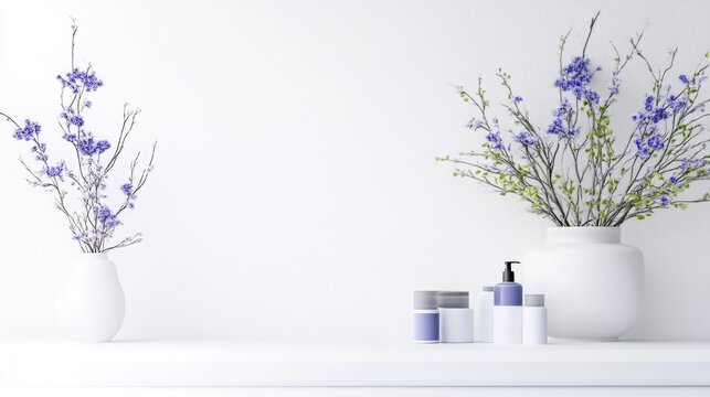 Two white vases hold purple flower branches. A row of cosmetic containers sits on a white surface. The image is clean and minimalist, with high-quality rendering and soft lighting. A calming, seren