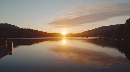 Fototapeta premium Golden Sunset over Lake District Sailboats