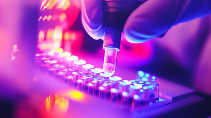 A scientist analyzing DNA sequences using advanced machines, modern laboratory with fluorescent lighting and equipment, High-tech style