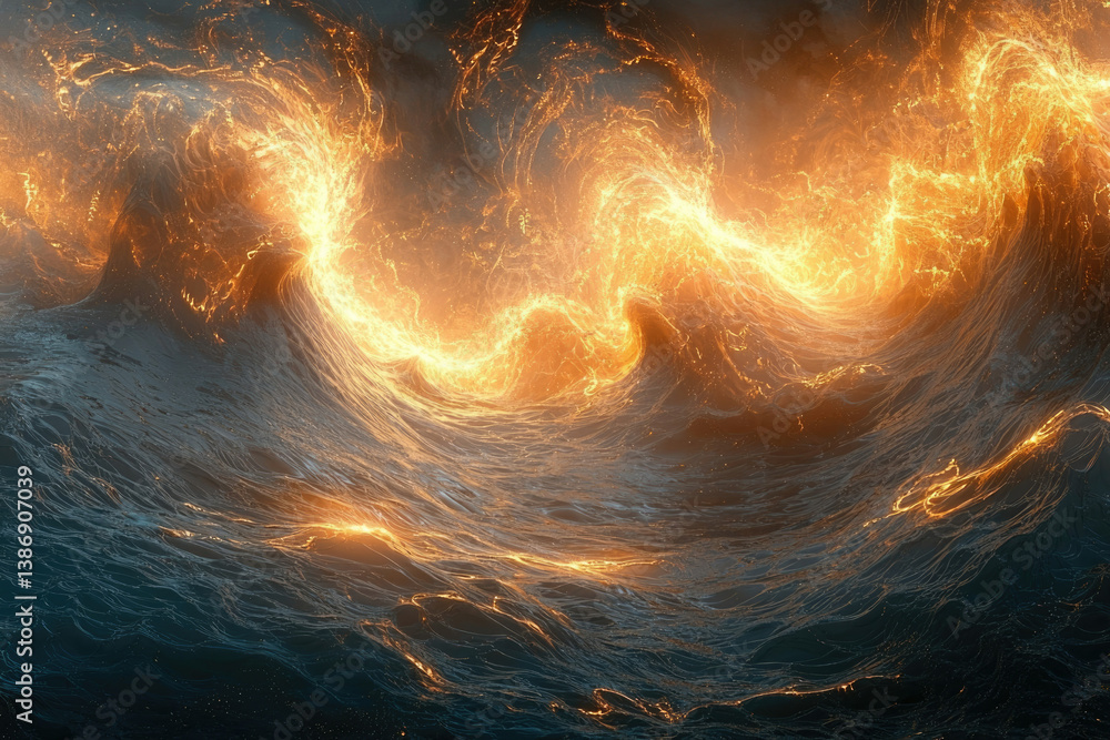 Poster fiery waves crash on a dark ocean, creating a mesmerizing spectacle of light and energy.