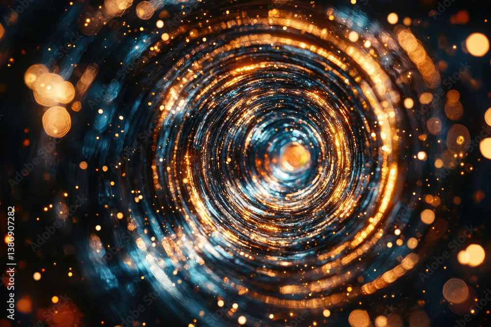 Poster abstract swirling vortex of golden and blue lights, creating a mesmerizing cosmic tunnel effect.
