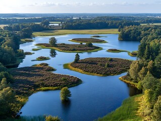 Obraz premium Aerial Lake Landscape, Sunny Day