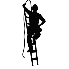 Silhouette of electrician climbing ladder on white background, determination