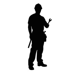 Electrician silhouette holding tools on white background, profession concept