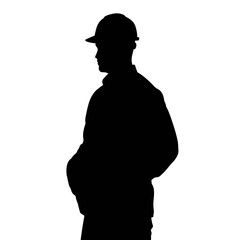 Silhouette of factory worker in hard hat, white background, industry symbolism