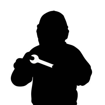 recommend clip art: Mechanic holding wrench silhouette on white background, tool symbolism