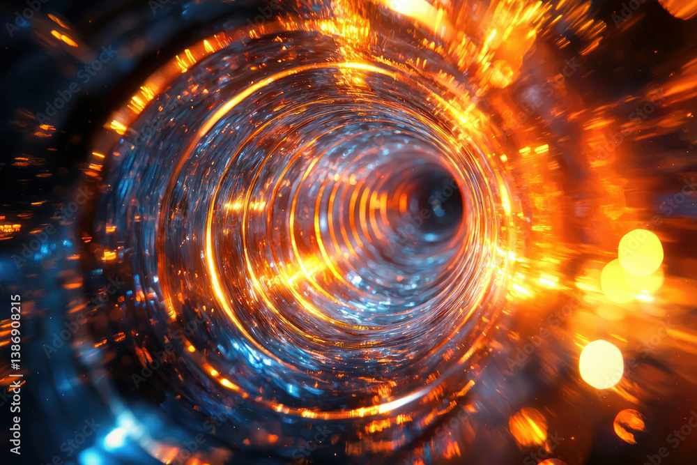 Poster a mesmerizing swirling vortex of vibrant orange and blue light, creating a futuristic tunnel effect.