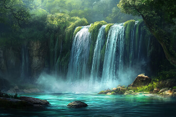 A stunning waterfall with turquoise water and lush green moss in a sunlit forest, creating a serene and magical woodland oasis