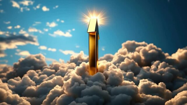 Abstract gold-themed upward arrow with suny effect cutting through clouds, symbolizing big success