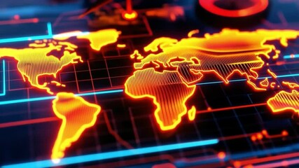 A stylized world map with glowing icons representing various renewable energy sources: wind, solar, hydro, geothermal, biomass, and hydrogen, digital futuristic design, ultra-detailed - Powered by Adobe