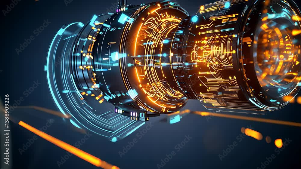 Poster close-up of high-tech cybernetic core with orange and blue glowing elements and data circuits