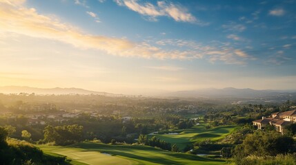 Obraz premium Panoramic vista of a golf course and cityscape at twilight, Southern California