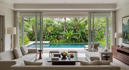 Fototapeta premium Luxury Villa Living Room with Private Pool and Lush Tropical Garden View AI Generated