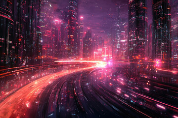 Obraz premium Futuristic cityscape at night, vibrant neon lights illuminate towering skyscrapers and glowing roadways.