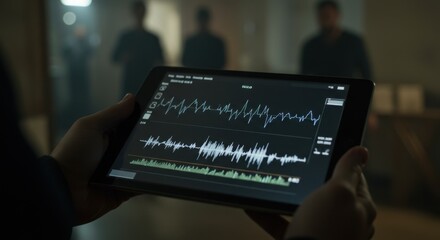 Analyzing Sound Waves on a Tablet with Men in Background