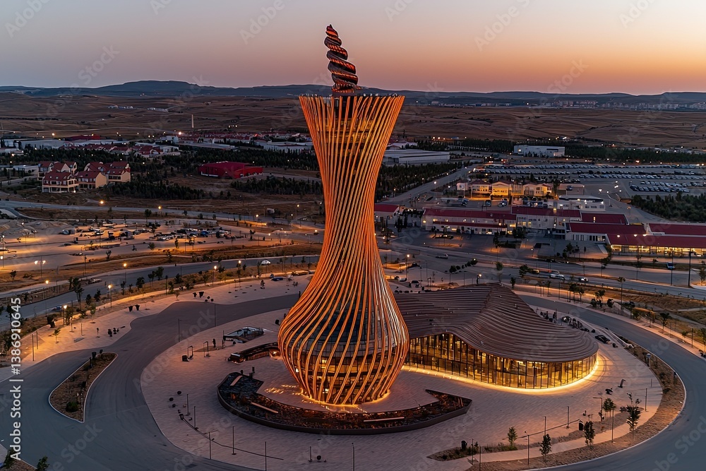 Poster stunning architectural design of unique building at sunset with illuminated spiral structure and sur