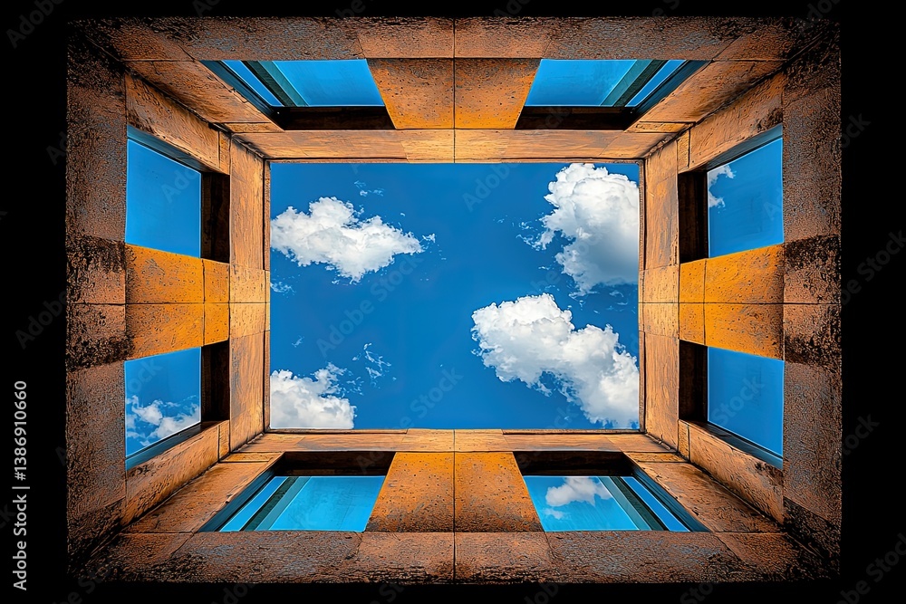 Poster Realistic Architectural View of a Building Frame Surrounding a Clear Blue Sky with Clouds