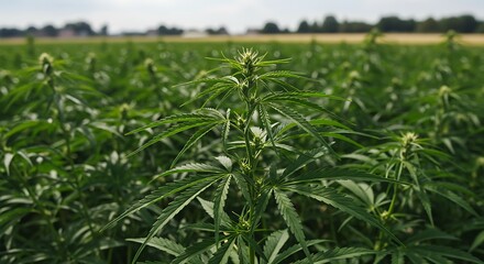 Obraz premium Serene Hemp Field Under Summer Sky Green Hemp Plants Growing Abundantly Vibrant Cannabis Crop In Rural Setting Lush Hemp Farm Landscape Photography Tranquil Hemp Field Natural Abundance AI Generated