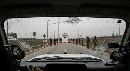 View Through Bullet-riddled Windshield Towards Military Checkpoint Shows Danger