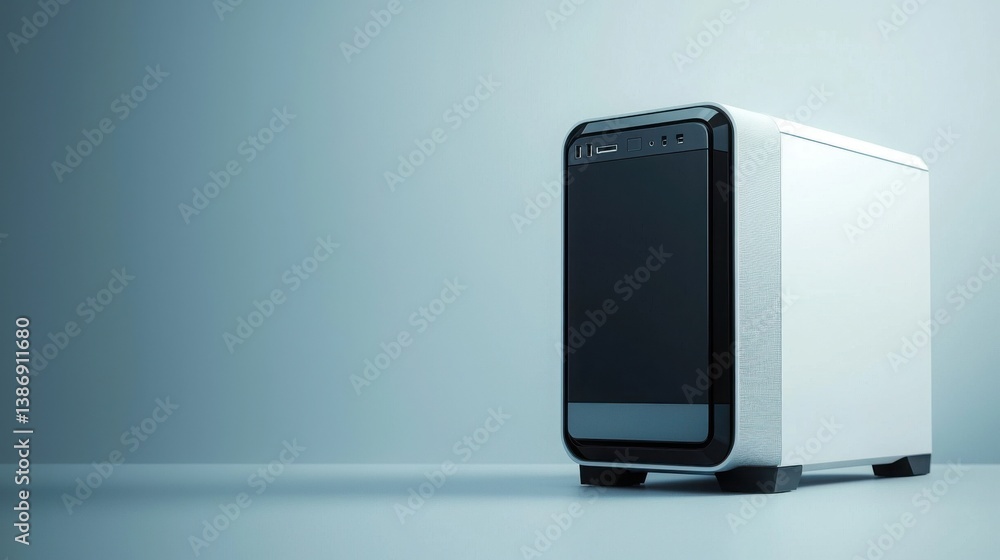 Poster energy-efficient desktop computer setup on a table in a stylish office environment enhancing product