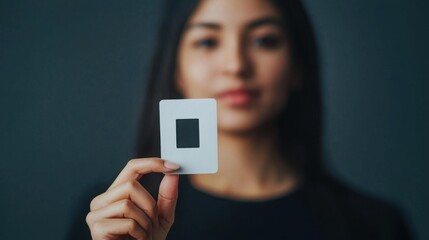 Woman holding a square white eco-friendly identification card in an office environment while promoting sustainability initiatives