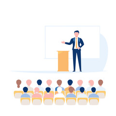 CEO giving motivational speech to audience for business events and leadership presentations