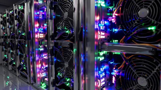 State-of-the-art cryptocurrency mining farm with hypnotic LED arrays pulsing across server racks. Cooling fans spin steadily while digital displays flash real-time processing metrics in data center.