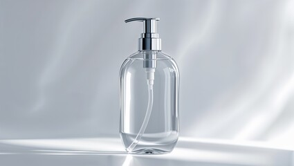 A sleek, clear pump bottle stands elegantly on a smooth surface, filled with liquid, reflecting light softly, creating a modern and minimalist aesthetic.