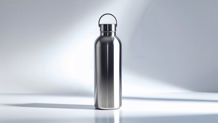 A sleek, stainless steel water bottle stands upright on a white surface, reflecting light gracefully, with a minimalist design against a soft gray background